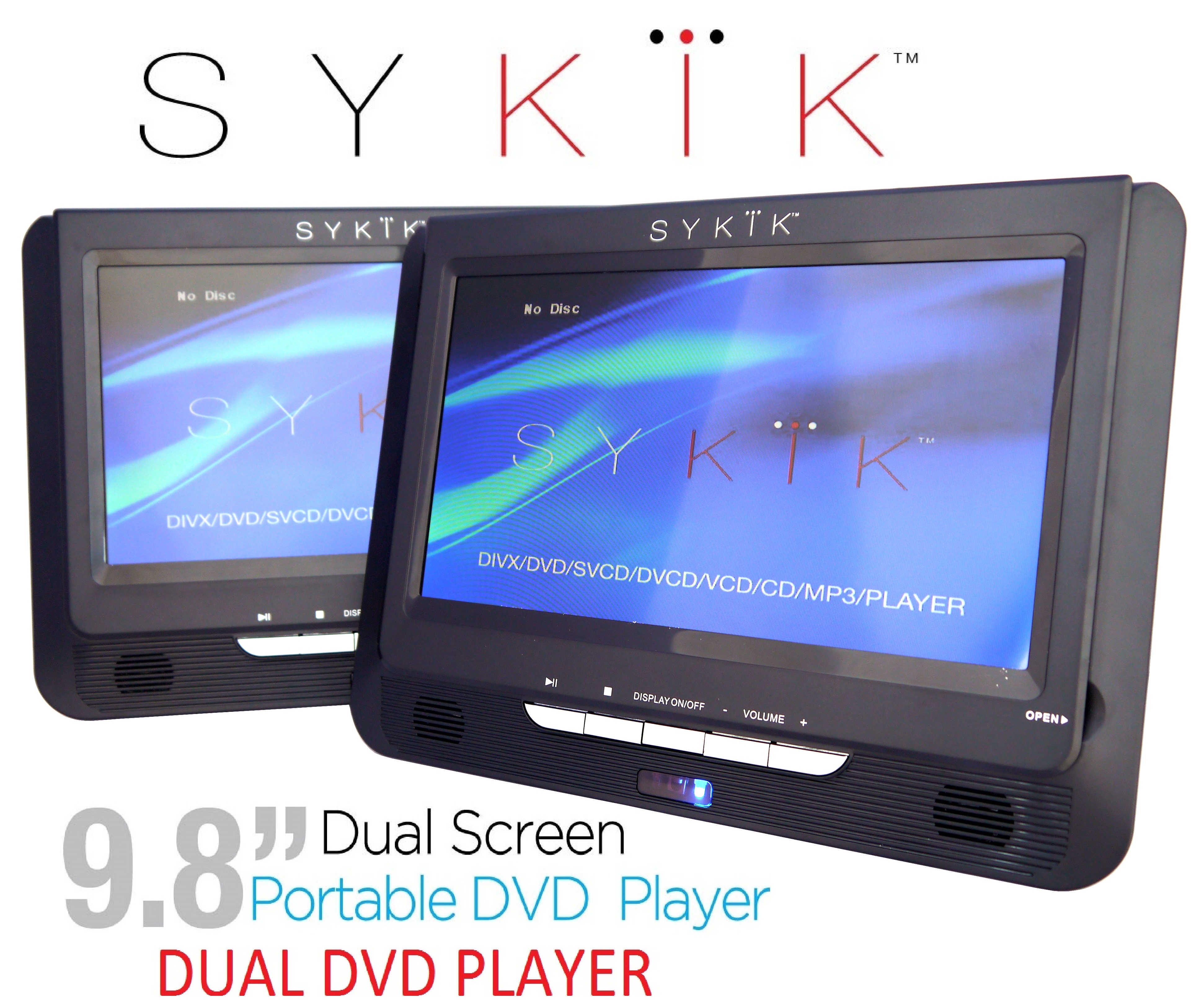 Sykik 9.8 Dual screen, dual DVD player. Both W/ built-in rechar